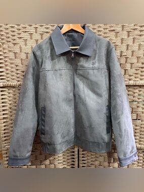 Men's Grey Suede Bomber Jacket with Contrast Trim